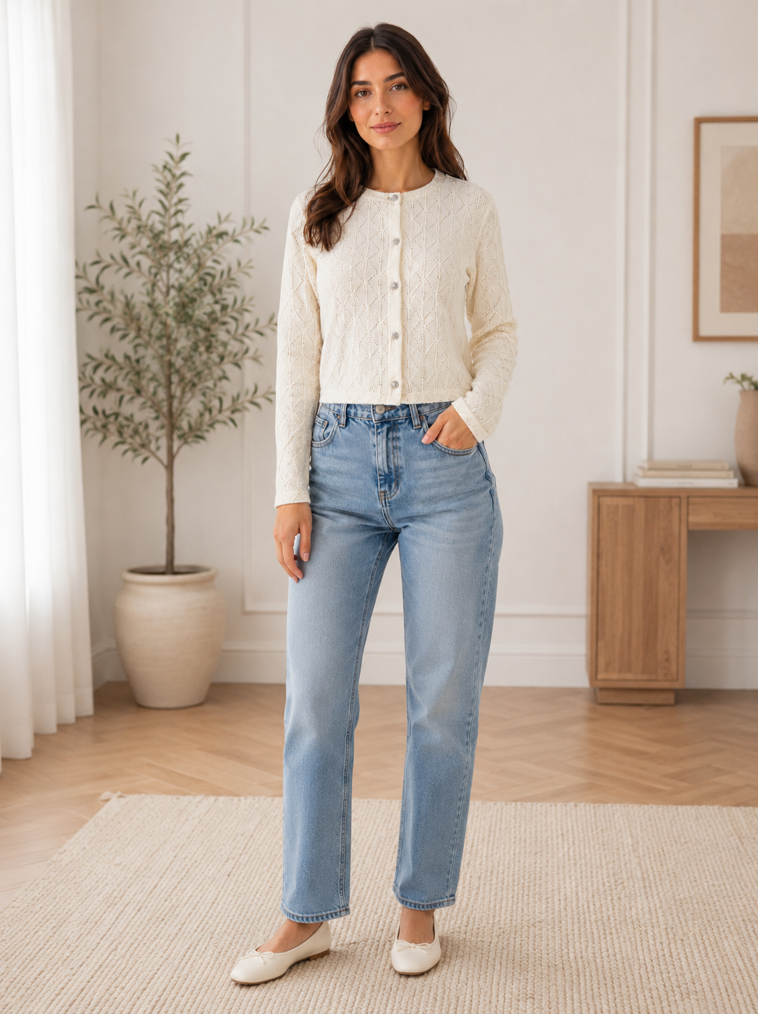 Cream Pointelle Knit Cardigan| Crew Neck Long Sleeve Button Front Lightweight Layering