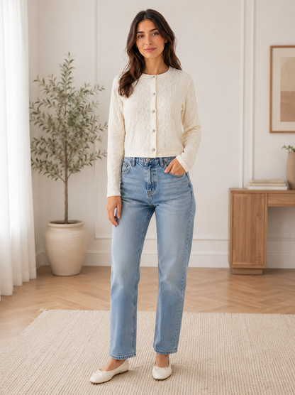 Cream Pointelle Knit Cardigan| Crew Neck Long Sleeve Button Front Lightweight Layering