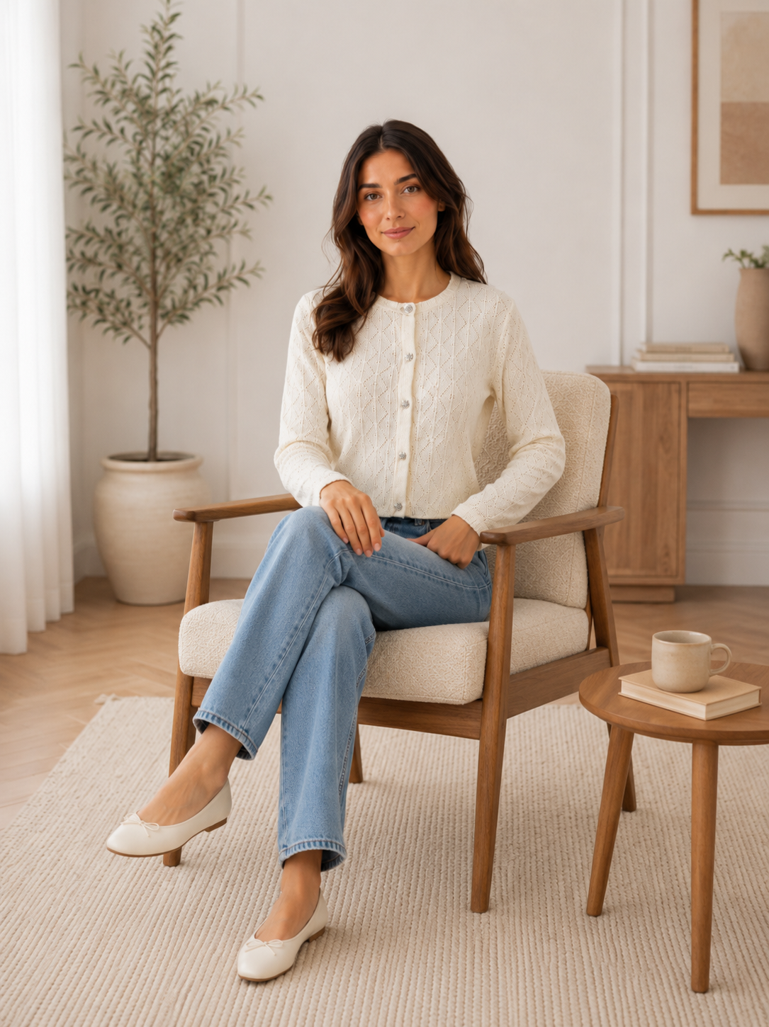 Cream Pointelle Knit Cardigan| Crew Neck Long Sleeve Button Front Lightweight Layering