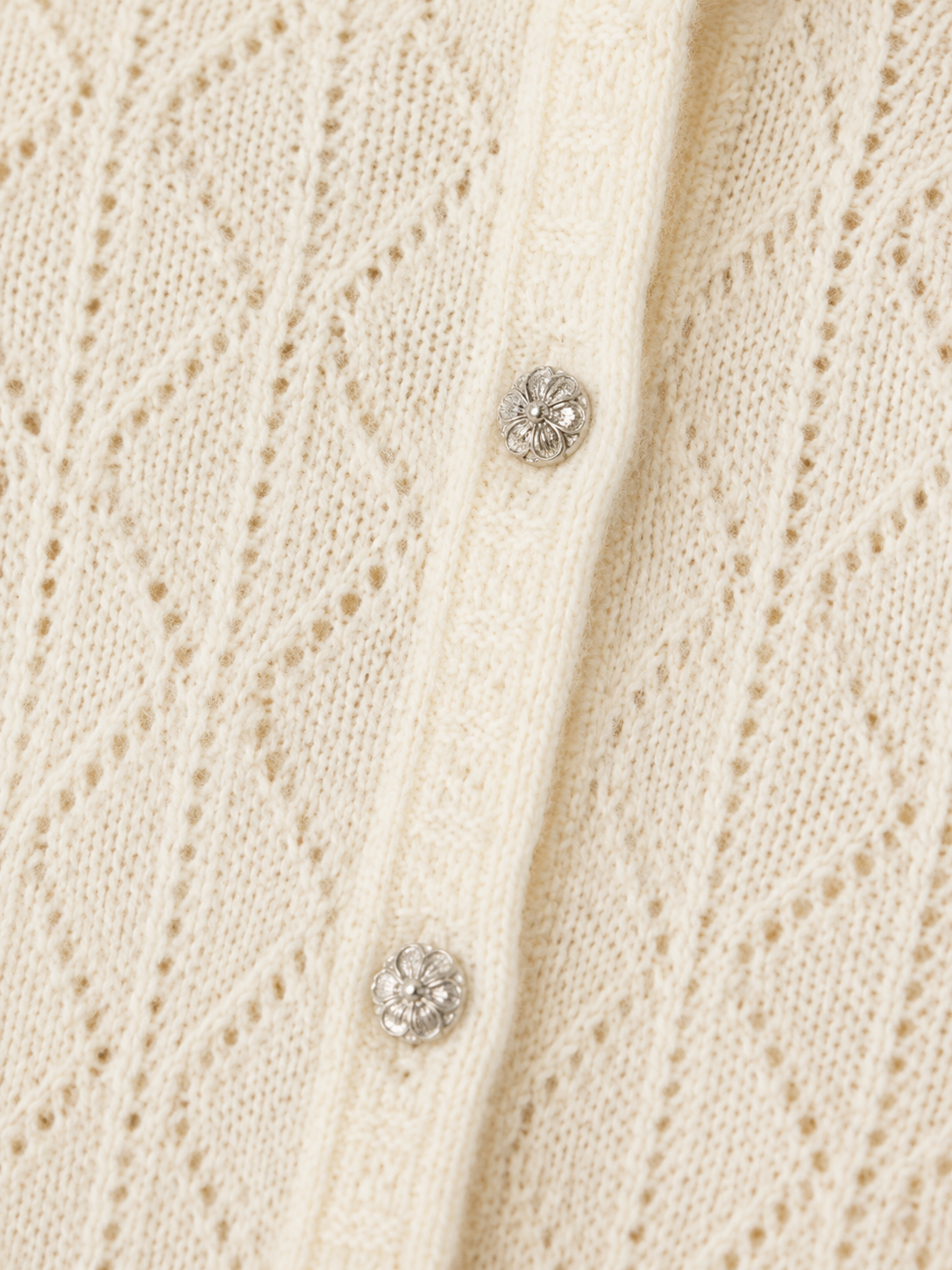 Cream Pointelle Knit Cardigan| Crew Neck Long Sleeve Button Front Lightweight Layering