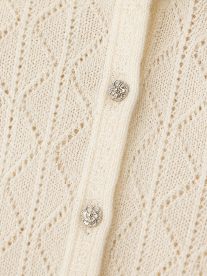 Cream Pointelle Knit Cardigan| Crew Neck Long Sleeve Button Front Lightweight Layering