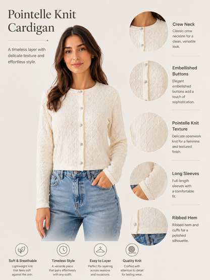 Cream Pointelle Knit Cardigan| Crew Neck Long Sleeve Button Front Lightweight Layering