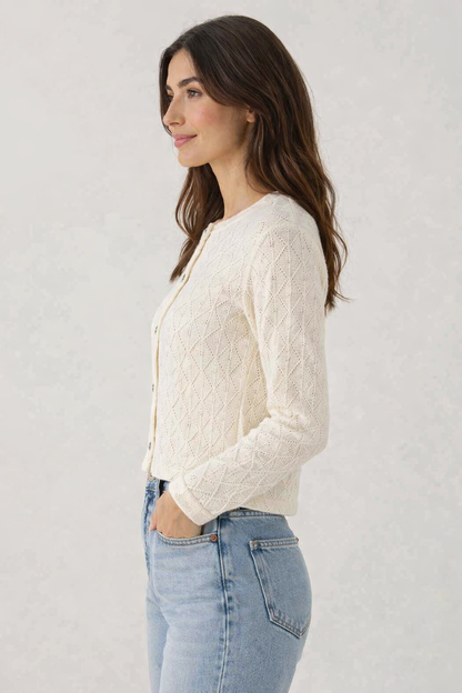 Cream Pointelle Knit Cardigan| Crew Neck Long Sleeve Button Front Lightweight Layering