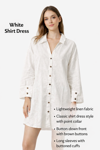 White 100% Linen Shirt Dress | Button-Down Loose Fit Mini Dress