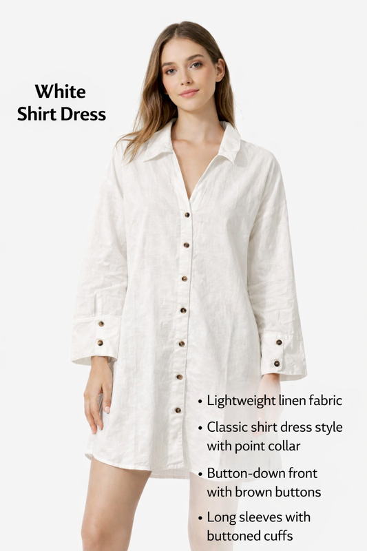 White 100% Linen Shirt Dress | Button-Down Loose Fit Mini Dress