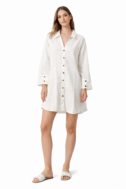 White 100% Linen Shirt Dress | Button-Down Loose Fit Mini Dress