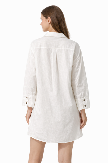 White 100% Linen Shirt Dress | Button-Down Loose Fit Mini Dress