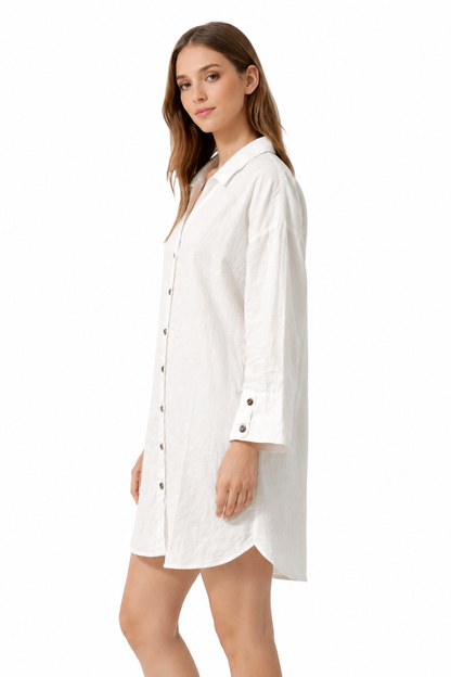 White 100% Linen Shirt Dress | Button-Down Loose Fit Mini Dress