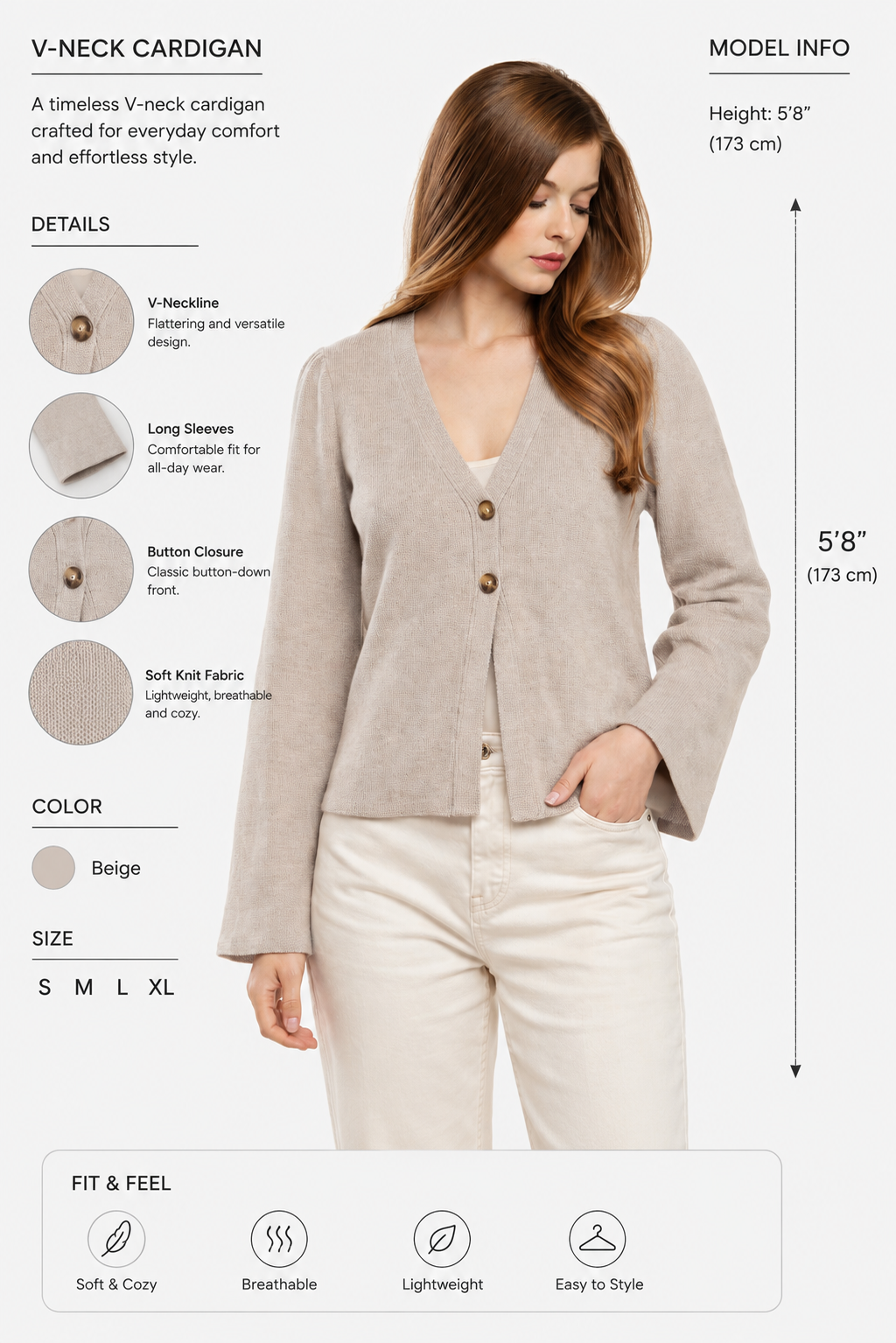 Beige V-Neck Button Front Cardigan | Full Sleeve Knit Cardigan