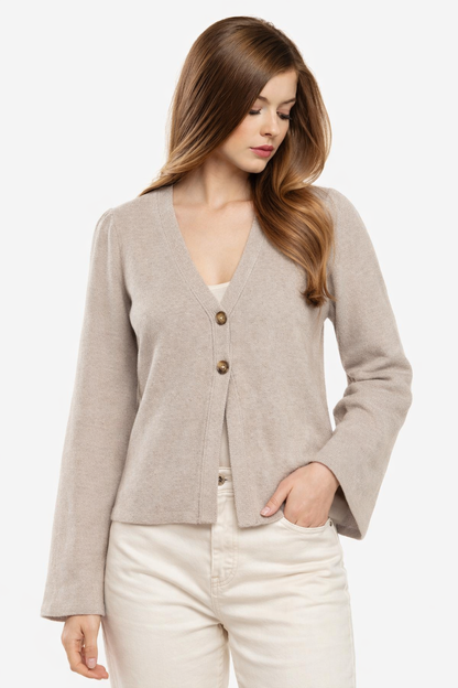 Beige V-Neck Button Front Cardigan | Full Sleeve Knit Cardigan