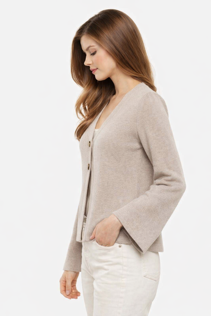 Beige V-Neck Button Front Cardigan | Full Sleeve Knit Cardigan