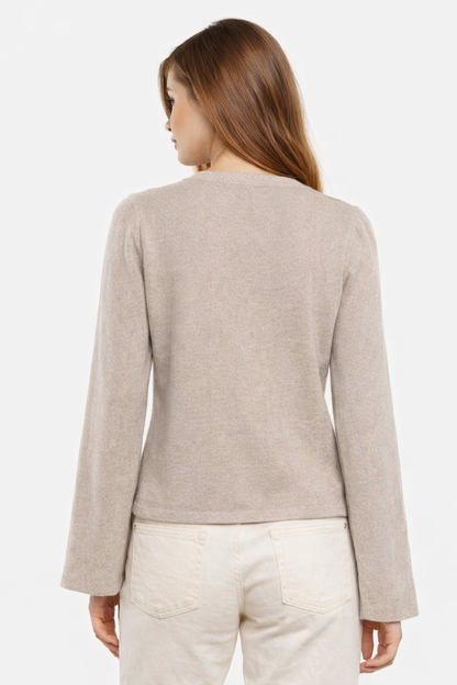 Beige V-Neck Button Front Cardigan | Full Sleeve Knit Cardigan