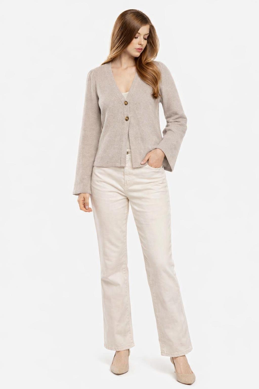 Beige V-Neck Button Front Cardigan | Full Sleeve Knit Cardigan