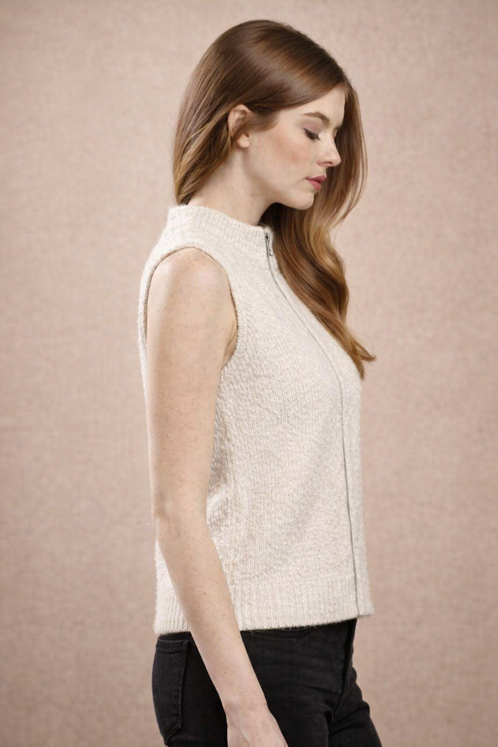 Cream Sleeveless Zip-Up Sweater Vest | Mock Neck Knit Winter Sweater