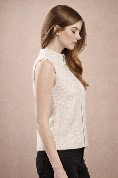 Cream Sleeveless Zip-Up Sweater Vest | Mock Neck Knit Winter Sweater