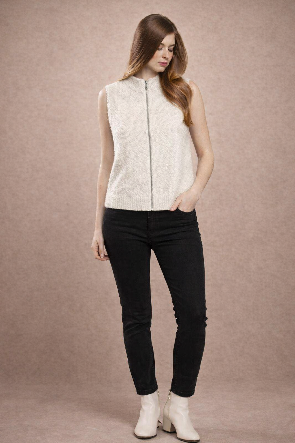 Cream Sleeveless Zip-Up Sweater Vest | Mock Neck Knit Winter Sweater