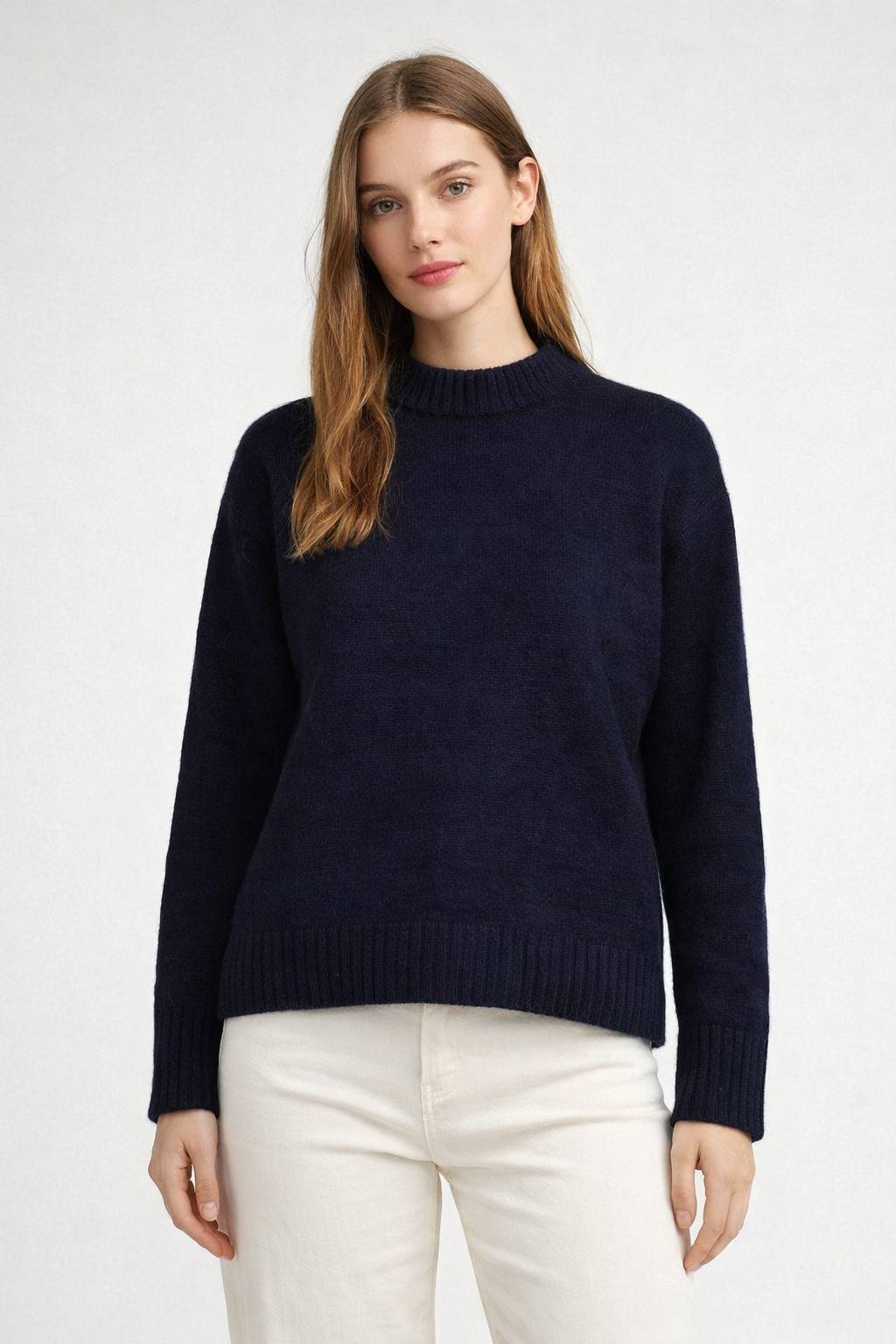 Dark Blue Oversized Knit Sweater | Crew Neck Relaxed Fit Winter Pullover