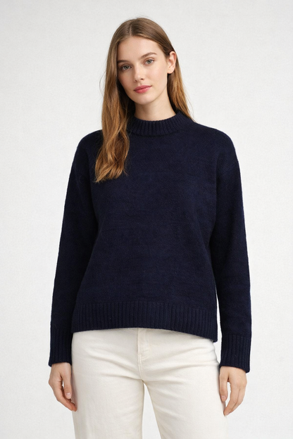 Dark Blue Oversized Knit Sweater | Crew Neck Relaxed Fit Winter Pullover