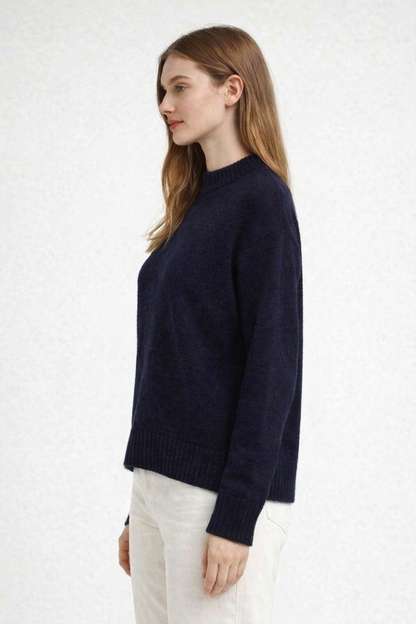 Dark Blue Oversized Knit Sweater | Crew Neck Relaxed Fit Winter Pullover