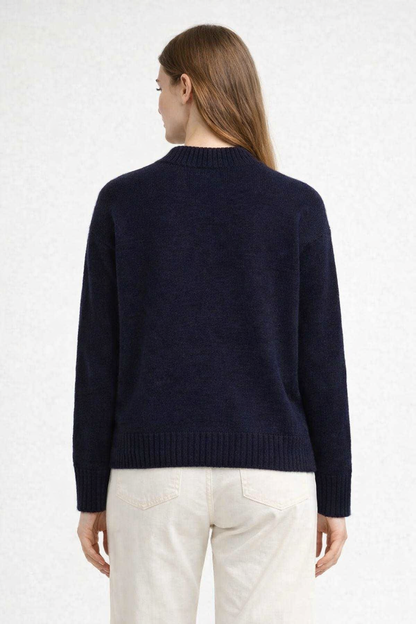 Dark Blue Oversized Knit Sweater | Crew Neck Relaxed Fit Winter Pullover