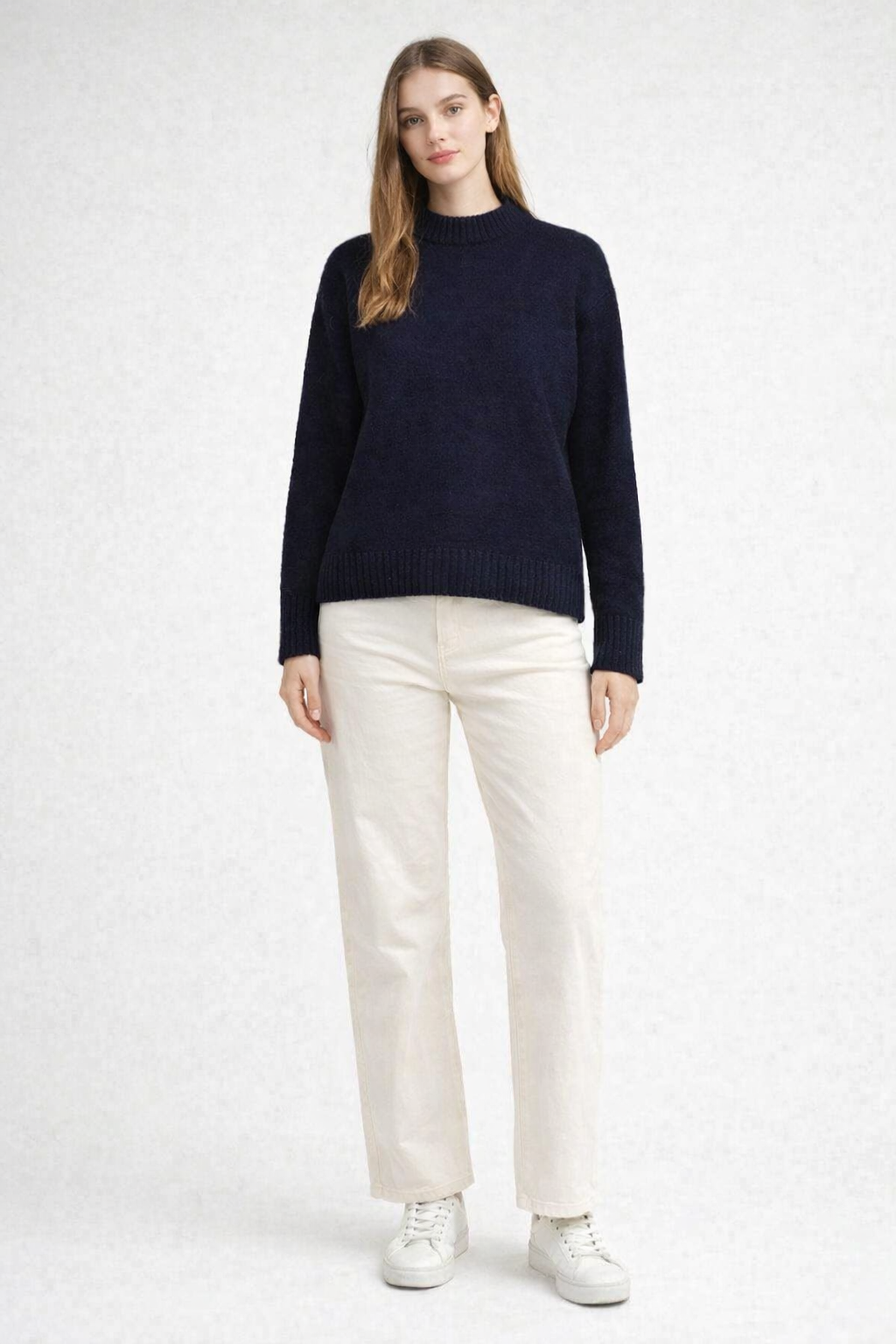 Dark Blue Oversized Knit Sweater | Crew Neck Relaxed Fit Winter Pullover