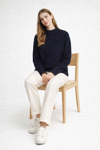 Dark Blue Oversized Knit Sweater | Crew Neck Relaxed Fit Winter Pullover