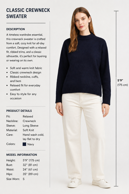 Dark Blue Oversized Knit Sweater | Crew Neck Relaxed Fit Winter Pullover