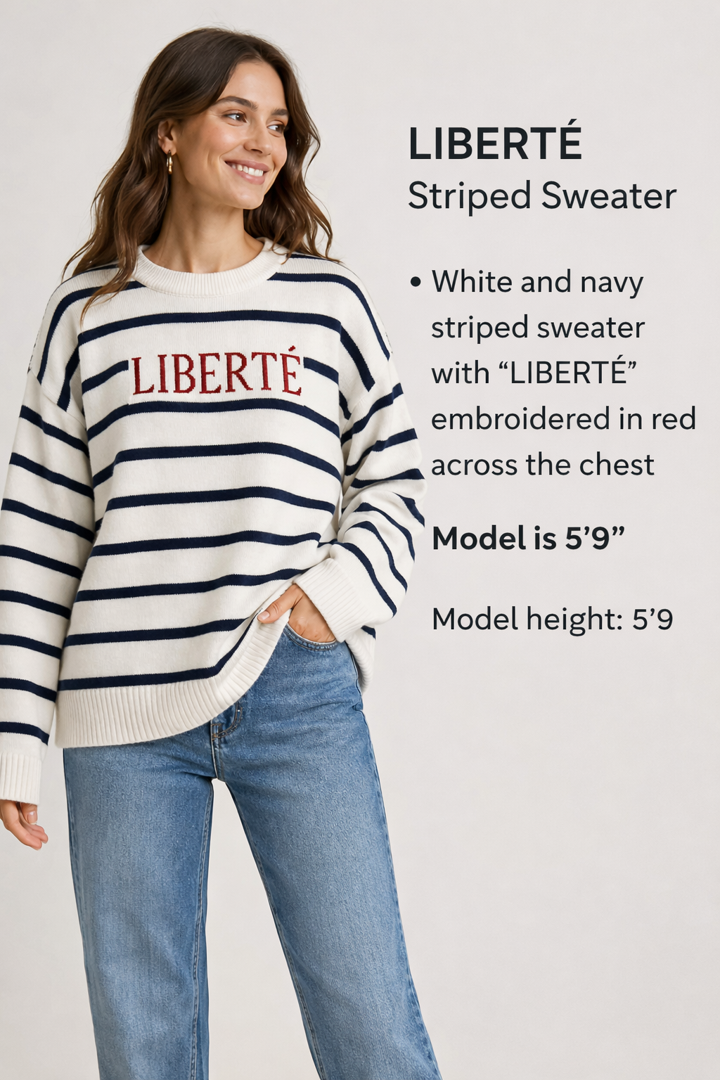 White & Navy Blue Striped Oversized Knit Sweater | Crew Neck Winter Pullover