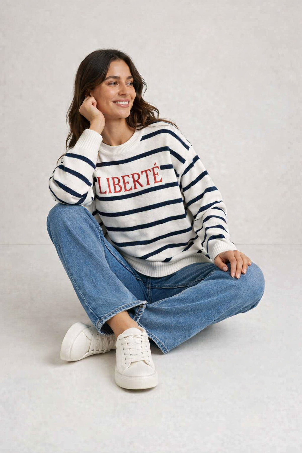 White & Navy Blue Striped Oversized Knit Sweater | Crew Neck Winter Pullover