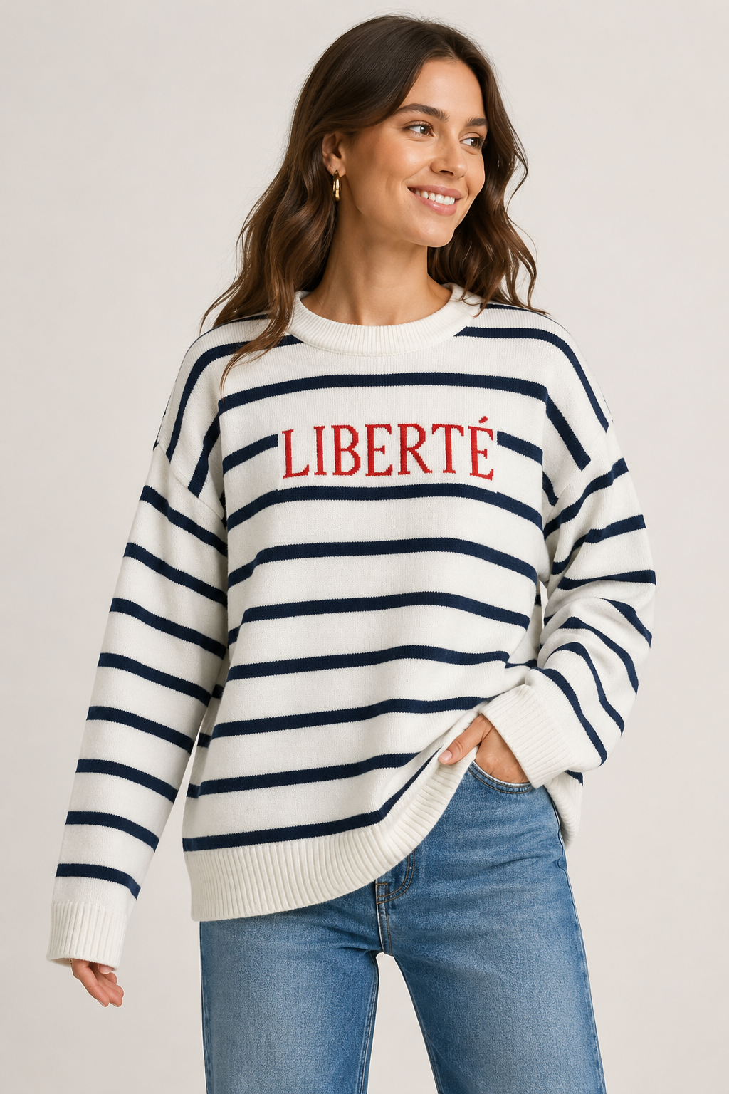White & Navy Blue Striped Oversized Knit Sweater | Crew Neck Winter Pullover