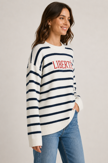 White & Navy Blue Striped Oversized Knit Sweater | Crew Neck Winter Pullover
