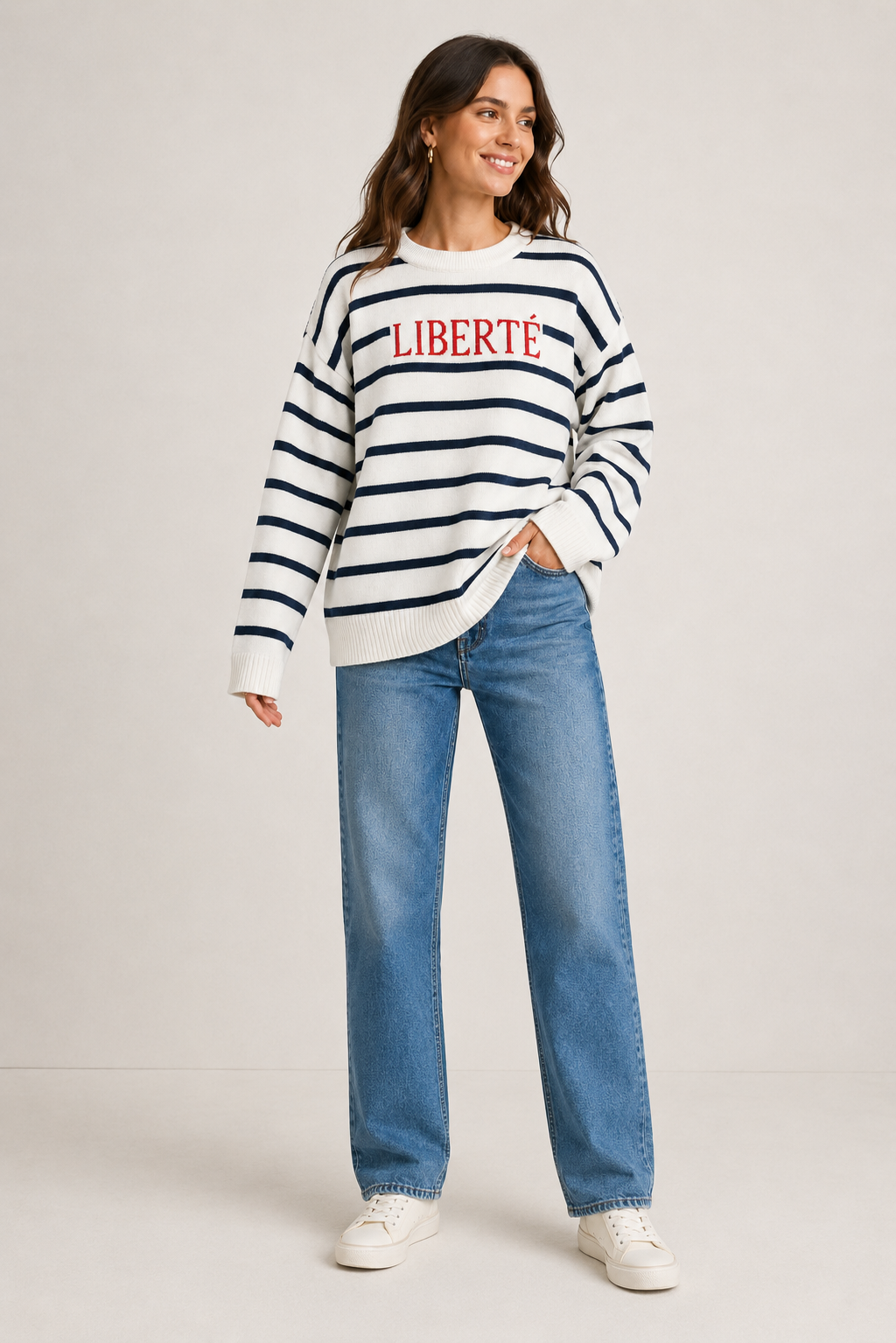 White & Navy Blue Striped Oversized Knit Sweater | Crew Neck Winter Pullover