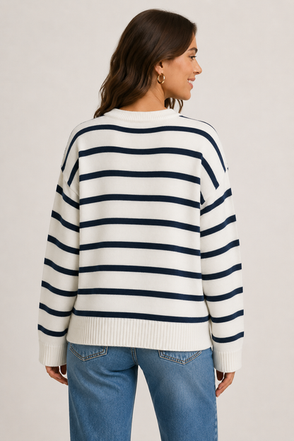 White & Navy Blue Striped Oversized Knit Sweater | Crew Neck Winter Pullover