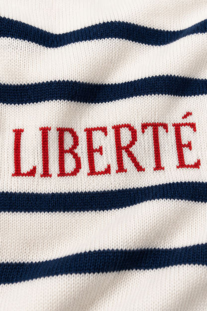 White & Navy Blue Striped Oversized Knit Sweater | Crew Neck Winter Pullover