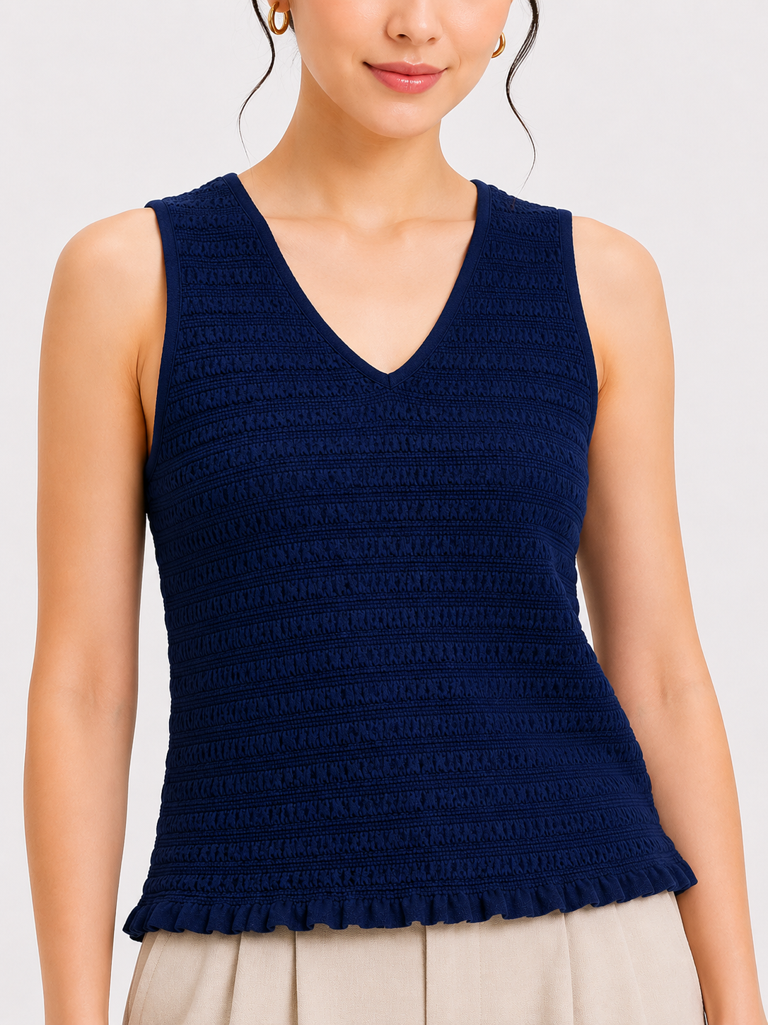100% Linen Cotton Sleeveless V-Neck Textured Top | Casual Summer Tank Top Dark Blue