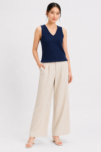 100% Linen Cotton Sleeveless V-Neck Textured Top | Casual Summer Tank Top Dark Blue