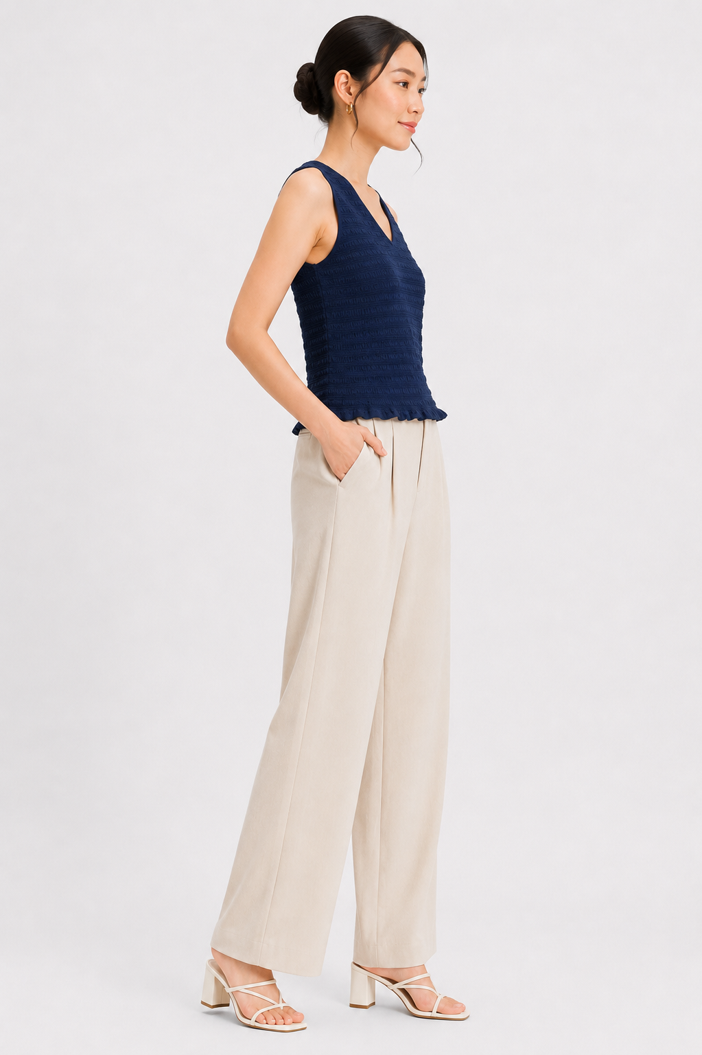 100% Linen Cotton Sleeveless V-Neck Textured Top | Casual Summer Tank Top Dark Blue