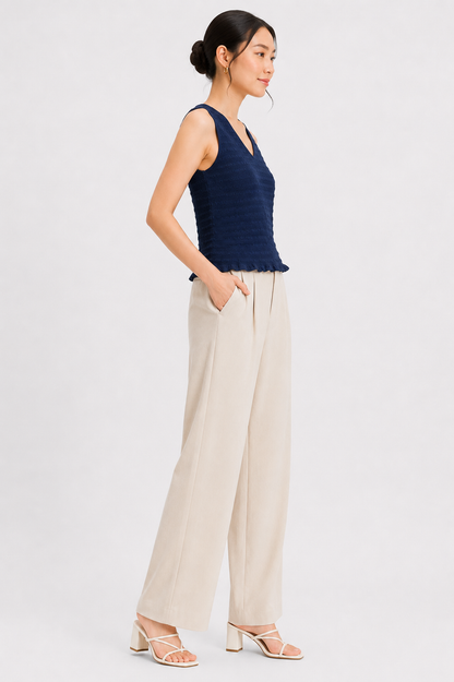 100% Linen Cotton Sleeveless V-Neck Textured Top | Casual Summer Tank Top Dark Blue