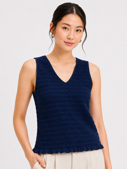 100% Linen Cotton Sleeveless V-Neck Textured Top | Casual Summer Tank Top Dark Blue