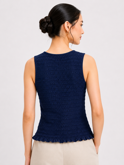100% Linen Cotton Sleeveless V-Neck Textured Top | Casual Summer Tank Top Dark Blue