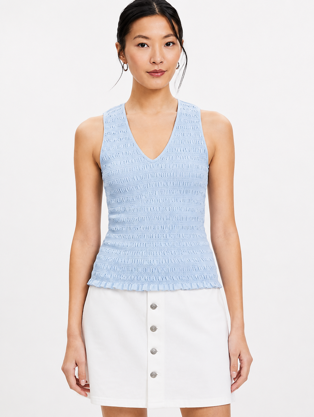 100% Linen Cotton Sleeveless V-Neck Textured Top | Casual Summer Tank Top Light Blue