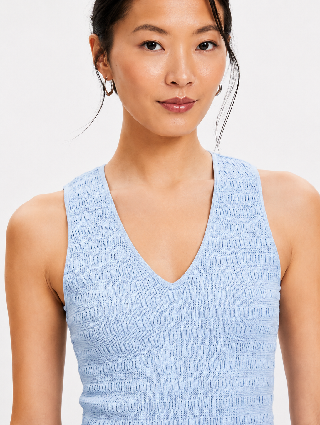 100% Linen Cotton Sleeveless V-Neck Textured Top | Casual Summer Tank Top Light Blue