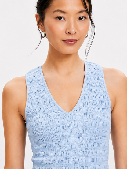 100% Linen Cotton Sleeveless V-Neck Textured Top | Casual Summer Tank Top Light Blue