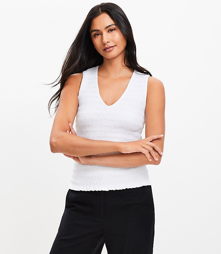 100% Linen Cotton Sleeveless V-Neck Textured Top | Casual Summer Tank Top White
