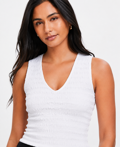 100% Linen Cotton Sleeveless V-Neck Textured Top | Casual Summer Tank Top White