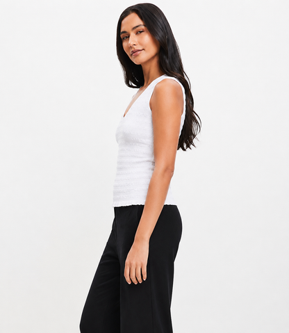 100% Linen Cotton Sleeveless V-Neck Textured Top | Casual Summer Tank Top White