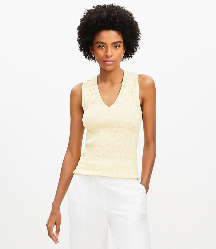 100% Linen Cotton Sleeveless V-Neck Textured Top | Casual Summer Tank Top Yellow