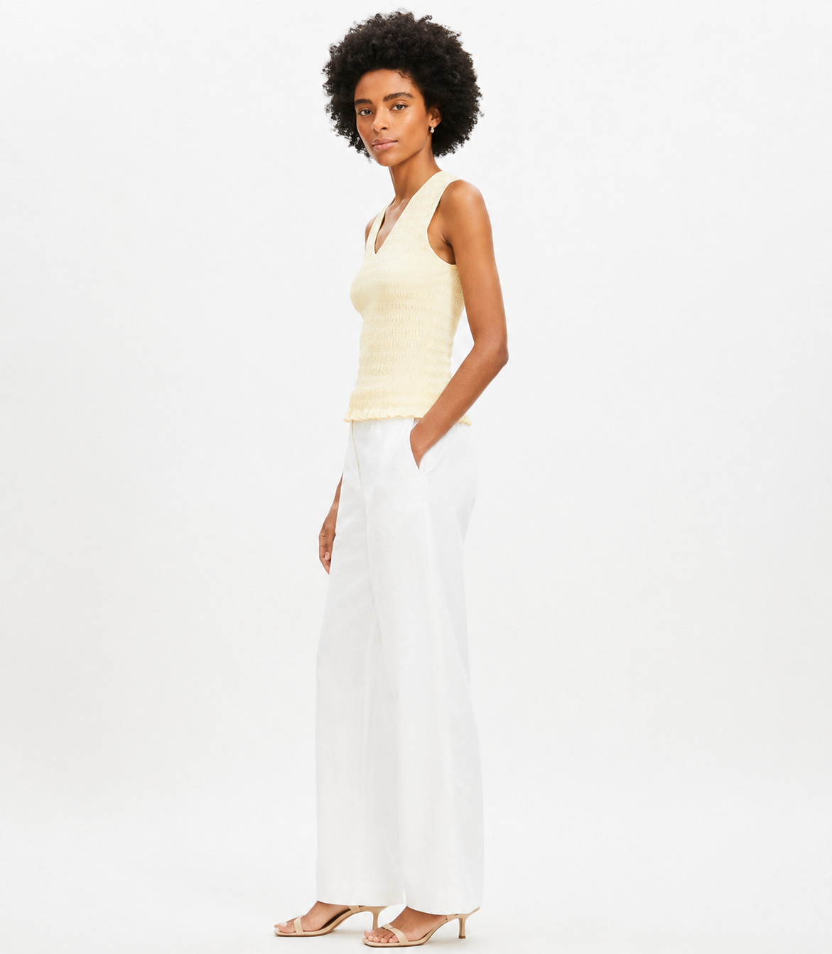 100% Linen Cotton Sleeveless V-Neck Textured Top | Casual Summer Tank Top Yellow