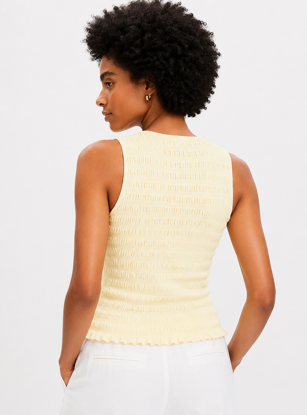 100% Linen Cotton Sleeveless V-Neck Textured Top | Casual Summer Tank Top Yellow