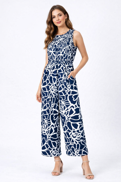 Floral Print Sleeveless Wide Leg Jumpsuit | Navy Blue Casual One Piece Outfit with Pockets